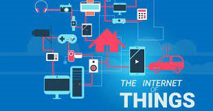 IoT A blue background with various electronic devices connected to it.